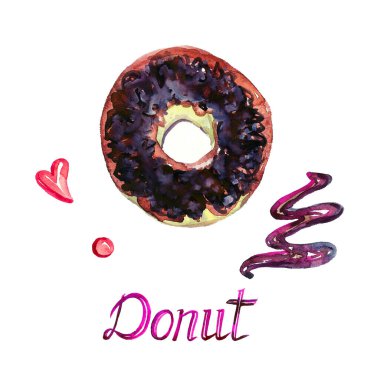 Çikolata jöleli çörek, elle boyanmış suluboya resim, beyaza izole edilmiş yazı, tasarım elementi, üst görünüm.