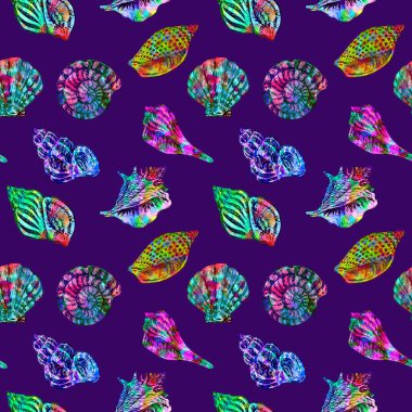 Deniz kabuğu çizimi, el boyası soyut suluboya sıçramalar, elle boyanmış suluboya çizimler, koyu mavi arka planda pürüzsüz desenler.