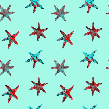 Deniz yıldızı çizimi, elle boyanmış soyut suluboya sıçramalar, elle boyanmış suluboya çizimler, yumuşak yeşil arka planda kusursuz desenler.