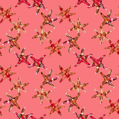 Deniz yıldızı çizimi, elle boyanmış soyut suluboya sıçramalar, elle boyanmış suluboya çizimler, yumuşak mercan pembe arka planda kusursuz desenler.