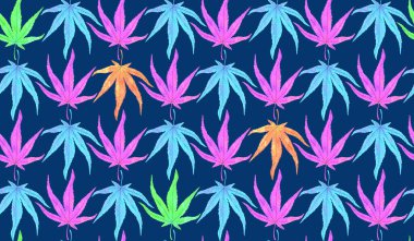 Japon akçaağacı (marihuana şekli) renkli yapraklar, elle boyanmış suluboya çizimler, koyu mavi arka planda pürüzsüz desenli desenler.