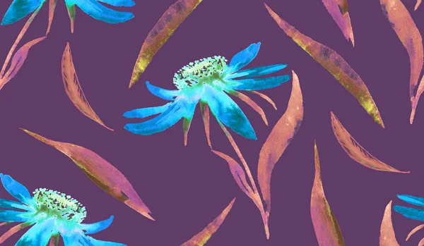 Блакитні Ромашки Echinacea Квіти Листя Ручна Розфарбована Акварельна Ілюстрація Безшовний — стокове фото