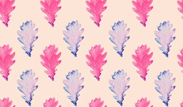 Oak pink and blue leaves, hand painted watercolor illustration, seamless pattern design on soft yellow background