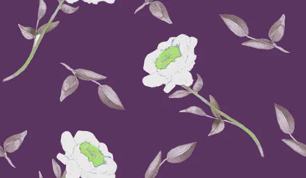 Півонічні Білі Квіти Листя Ручна Акварельна Ілюстрація Безшовний Дизайн Візерунка — стокове фото
