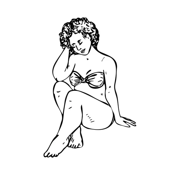 Menina Size Sentado Biquíni Mão Desenhada Doodle Desenho Estilo Gravura — Vetor de Stock