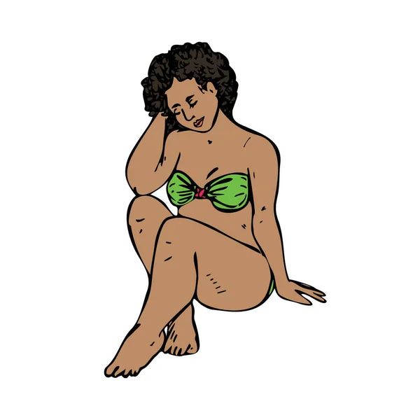 Afro Amerikaans Meisje Size Zittend Groene Bikini Handgetekende Doodle Tekening — Stockvector
