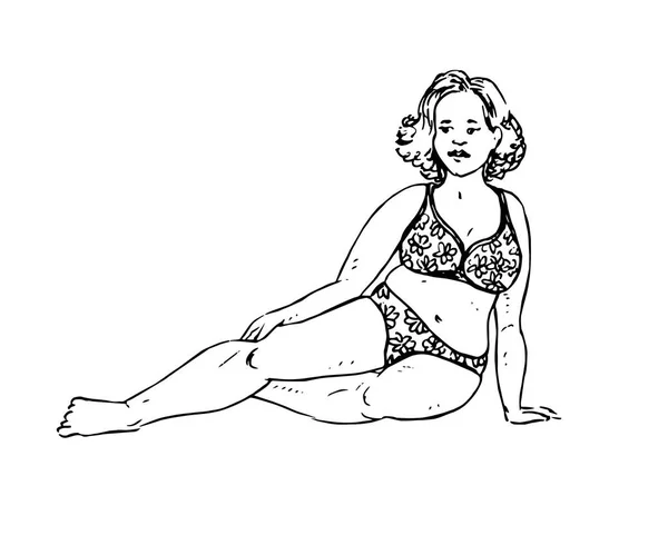 Meisje Size Zittend Bikini Handgetekende Doodle Tekening Gravure Stijl Schets — Stockvector