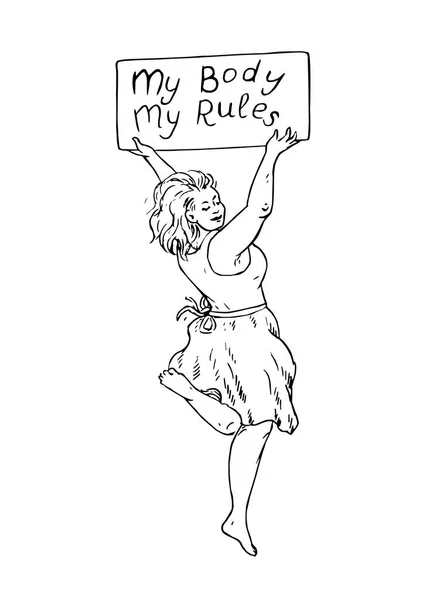 私の体私のルール をスローガンにネームプレートでジャンプドレスで幸せな女の子プラスサイズ 手描きのドア グラビアスタイルで描く スケッチイラスト — ストックベクタ