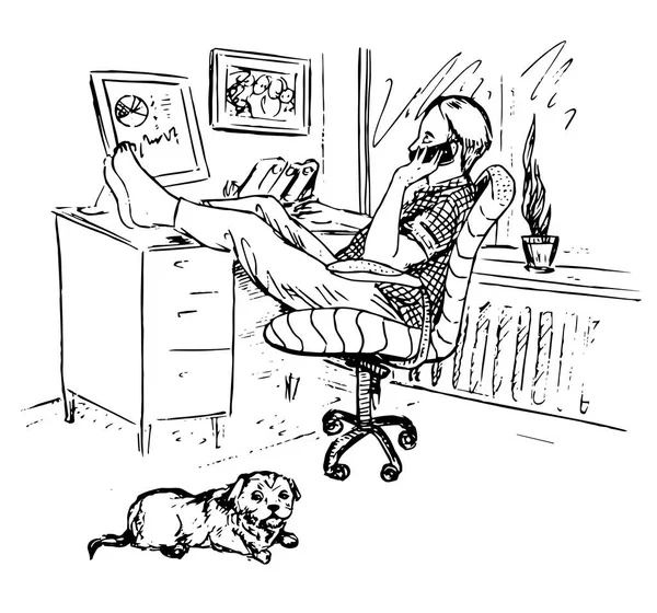 Ofiste Bacakları Masanın Üstünde Oturan Adam Konuşuyor Komik Köpek Yerde — Stok Vektör