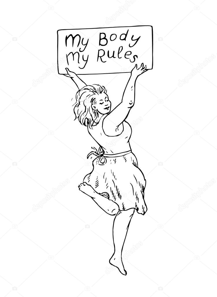 Happy girl plus size in dress jumping with nameplate with slogan 