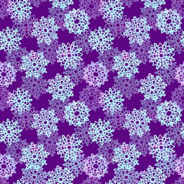 Kar taneleri koleksiyonu, mavi lekeli kesik şekil renk paleti, elle boyanmış suluboya resimleme koyu mor arkaplan üzerinde kusursuz desen tasarımı