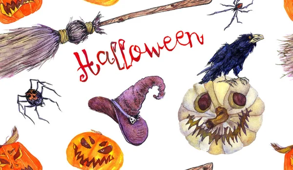 Halloween Színes Motívum Design Tök Seprű Boszorkány Kalap Pókok Varjú — Stock Fotó