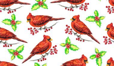 Kırmızı böğürtlenli kardinal kuşlar, elle boyanmış suluboya çizimler, yumuşak sarı arka planda pürüzsüz desenler.