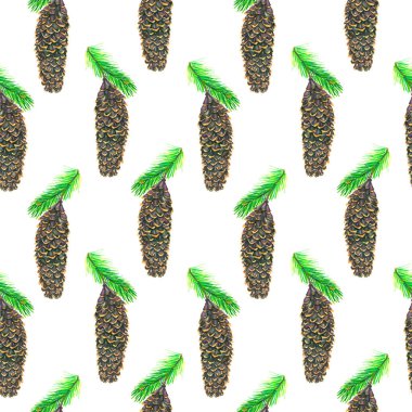 Uzun kozalaklı çam dalları, elle boyanmış suluboya çizimler, beyaz arka planda pürüzsüz desenler.