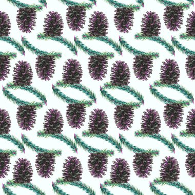 Uzun kozalaklı çam dalları, elle boyanmış suluboya çizimler, beyaz arka planda pürüzsüz desenler.