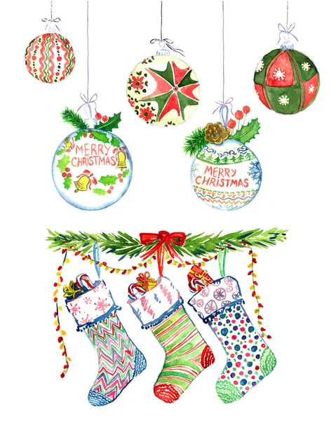 Coleção Bolas Meias Natal Ilustração Aquarela Pintada Mão Isolada Branco Imagem De Stock