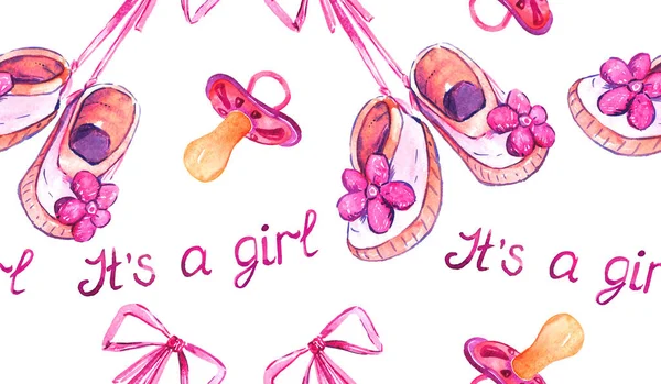 Ροζ Παπούτσια Κρέμονται Δαντέλα Πιπίλες Επιγραφή Είναι Ένα Κορίτσι Ζωγραφισμένα — Φωτογραφία Αρχείου