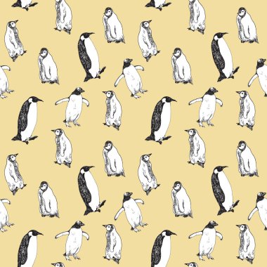 Penguenler, el çizimi karalama, eskiz, yumuşak sarı arkaplanda kusursuz desen tasarımı