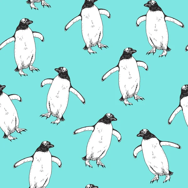 Pinguins Doodle Desenhado Mão Esboço Design Padrão Sem Costura Azul Fotografias De Stock Royalty-Free