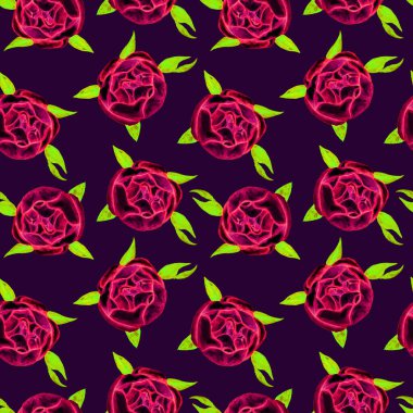 Yeşil yapraklı parlak pembe gül ve tomurcuklar üst görünüm, elle boyanmış suluboya illüstrasyon, koyu arkaplanda kusursuz desen tasarımı