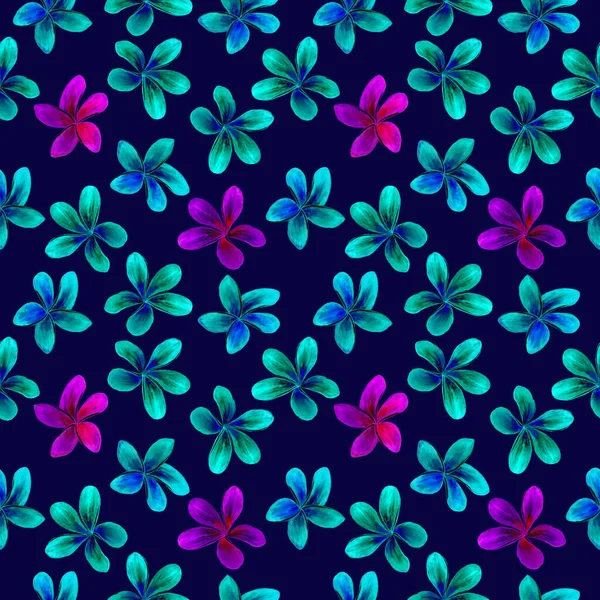 Fiori Plumeria Neon Turchese Brillante Tavolozza Rosa Acquerello Illustrazione Disegno — Foto Stock