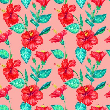 Yeşil yapraklı kırmızı amber çiçeği, elle boyanmış suluboya illüstrasyon, yumuşak pembe arka planda pürüzsüz desen tasarımı