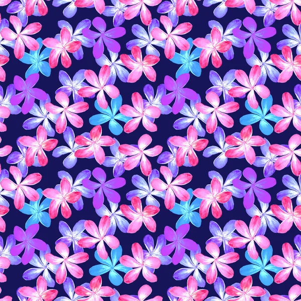 Plumeria Pink Purple Blue Flowers Watercolor Illustration Seamless Pattern Design — Stock Photo, Image