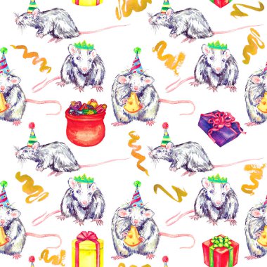 Şapkalı ve taçlı küçük beyaz fareler suluboya resimler, kurdeleli farklı hediye kutuları, beyaz arka planda kusursuz desenler.