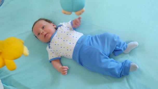 Neugeborenes schaut auf buntes Babyspielzeug — Stockvideo