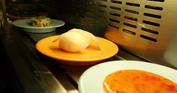 Sushi sur bande transporteuse dans le restaurant japonais — Video