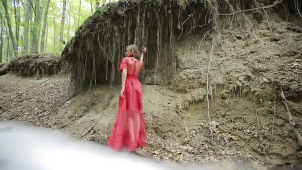 Mujer en el bosque en la nube de humo — Vídeos de Stock