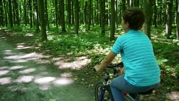 Мальчик на велосипеде по лесным тропам — стоковое видео