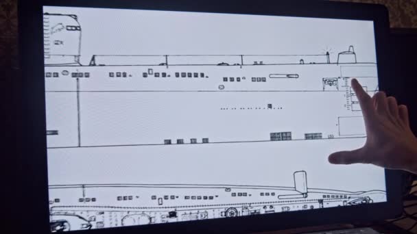 Dokunmatik ekran bilgisayarda denizaltının teknik çizimi — Stok video