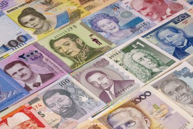 Düz bir yüzeyde farklı ülkelerden gelen çeşitli banknotlar gösteriliyor. Her notta farklı kültürleri ve tarihleri temsil eden eşsiz renkler ve tasarımlar gösteriliyor..