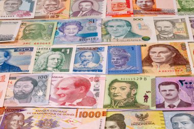 Çeşitli ülkelerden gelen farklı banknotlar masaya serilmiştir. Notlarda her ulustan farklı figür ve semboller gösteriliyor ve para birimi çeşitliliği gösteriliyor.