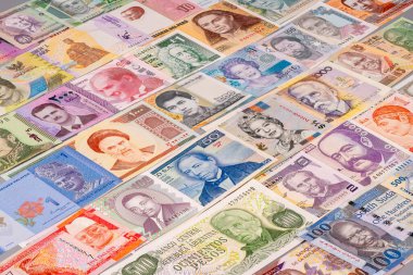 Masada birçok ülkeden farklı banknotlar gösteriliyor. Her notanın kendine has renkleri ve tasarımları var. Önemli kişilerin ve simgelerin resimleri var..