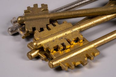 Birkaç eski anahtar düz bir yüzeye yerleştirilir. Anahtarların şekil ve boyutları farklı. Bazıları parlak, bazıları ise yıpranmış. Detaylara odaklandık..