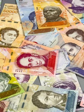 Venezuela 'nın çeşitli banknotlarından oluşan bir koleksiyon masaya saçıldı. Farklı mezhepler ve renkler, Venezuela tarihinden önemli figürlerin resmedildiği tasarımları gösteriyor.