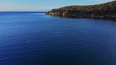 Bu hava manzarası, berrak bir gökyüzünün altındaki yemyeşil uçurumların yanında sakin mavi suları yakalar. Deniz kuşlarının yüzeyi noktaladığı görülebilir. Huzurlu bir manzara yaratırlar..