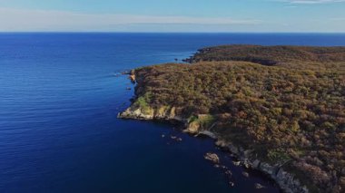Manzaralı bir hava manzarası, bereketli bitki örtüsüyle kaplı kıyı kayalıklarını, berrak bir günde okyanusun sakin mavi sularıyla buluşurken yakalar..