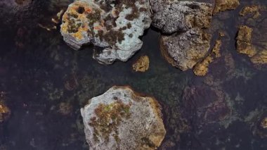 Sersemletici hava görüntüsü yosunlarla kaplı kayalık oluşumları gösteriyor, sakin ve berrak sularda dizilmiş. Parlak renkler, aşağıdaki okyanusun koyu renklerine karşı güzelce tezat oluşturuyor..