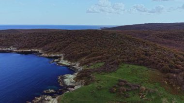 Bu hava görüntüsü, berrak mavi denize doğru yavaşça eğimli yeşil tepelerle kaplı güzel bir kıyı manzarası sergiliyor..