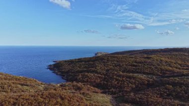 Geniş bir hava manzarası, bulutlarla kaplı mavi bir gökyüzünün altında, yumuşak tepeler boyunca uzanan huzurlu bir kıyı şeridini yakalar ve öğle vakti doğanın güzelliğini gözler önüne serer..