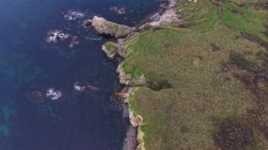 Yukarıdan, kayalık kıyı şeridi kenarları boyunca uzanan yeşilliklerle dolu berrak mavi sularla karşılaşıyor. Küçük dalgalar parlak bir gökyüzünün altında kayalara çarpıyor..