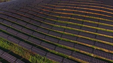 İşçiler güneş panellerini gün ışığında yamaçta tutuyorlar. Paneller dalgalı bir şekilde düzenlenmiş. Ot büyür sıraların arasında.
