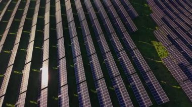 Güneş panelleri geniş bir alana yayılarak enerji üretmek için güneş ışığını yakalıyor. Kurulum, gündüz saatlerinde açık mavi gökyüzünün altındaki kırsal bir alanda gerçekleşiyor..