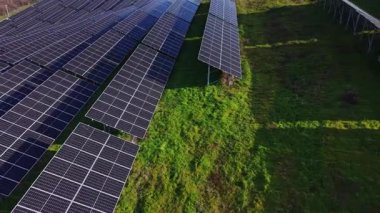 Güneş enerjisi panelleri otlak bir alanda sıra sıra dizilir. Elektrik üretmek için güneş ışığını yakalıyorlar. Olay yeri, panellerde herhangi bir engel olmadan açık havayı gösteriyor..