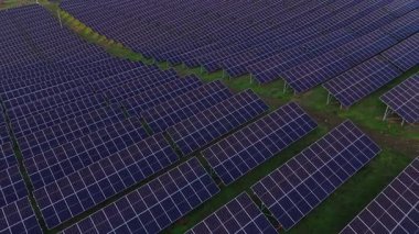 Birçok güneş paneli geniş bir alanda sıra sıra dizilmiştir. Paneller enerji üretmek için güneş ışığı topluyor. Bu güneş çiftliği gün ışığında çalışır..