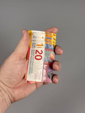 Bir el bir yığın İsviçre banknotunu tutuyor. Her nota yirmi frankın değerini gösteriyor. Tasarılar renkli ve İsviçre para birimini temsil ediyor..