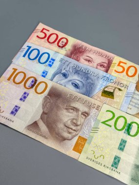 İsveç 'ten gelen birkaç banknot farklı değerler gösteriyor. Notlarda 100, 200, 500 ve 1000 kron yer alıyor. Her notanın yüzleri ve renkleri olan eşsiz bir tasarımı var..